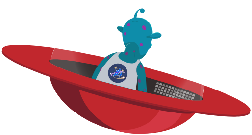 Illustration of a blue alien in a red UFO