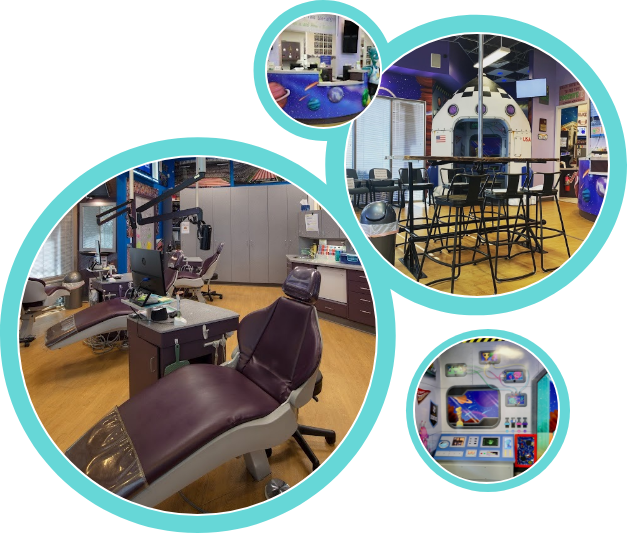 Collage of the space-themed office interior